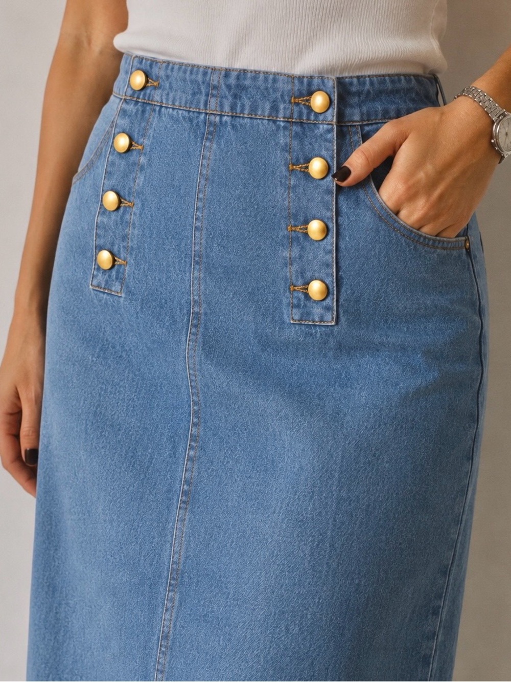 Vintage Baccini 100% Cotton Denim Midi Skirt Gold Buttons Y2K 90s High Waist 7/8